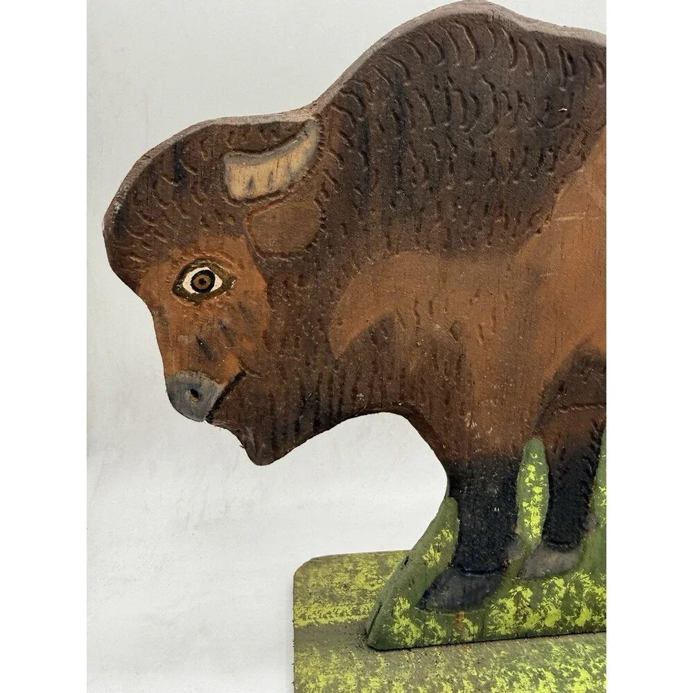 VTG 1988 Menno Shirk Folk Art Wood Carved Wild Buffalo 9” Signed Base Carving